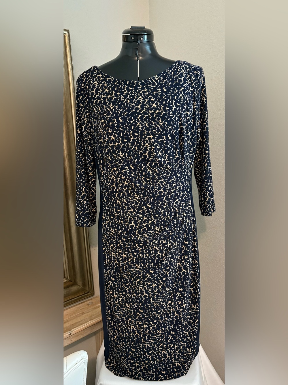 Lauren Ralph Lauren Sheath Dress Women 14 Navy Cream Abstract Print.
